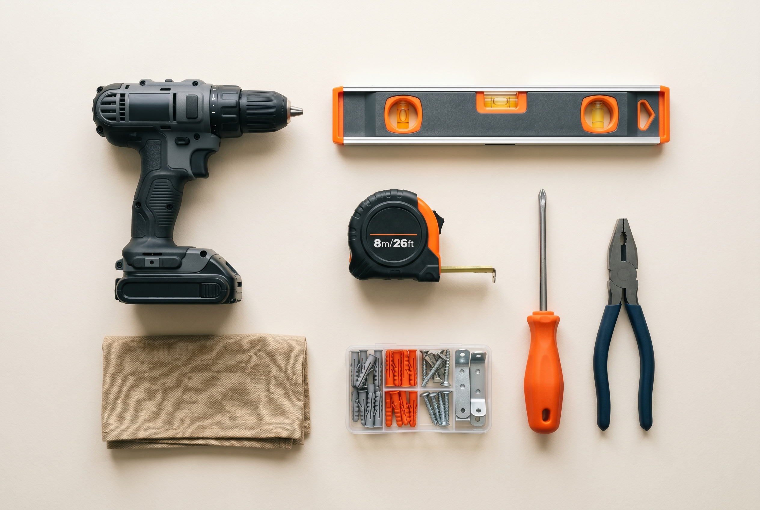 HANDYMAN4YOU tools laid out neatly — cordless drill, spirit level, tape measure, screwdriver and pliers